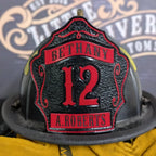 Custom 1st Due firefighter shield with traditional leather build