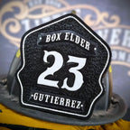 Custom firefighter helmet front 1st Due leather shield