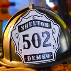Leather firefighter helmet front 1st Due customizable shield