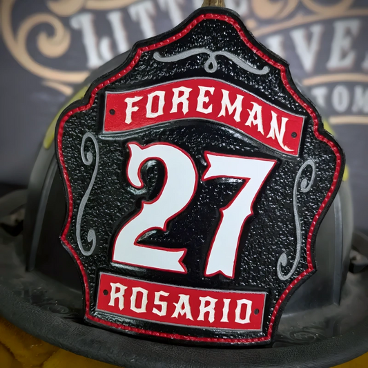 Custom leather firefighter helmet shield built in the 1st Due style for fire crews