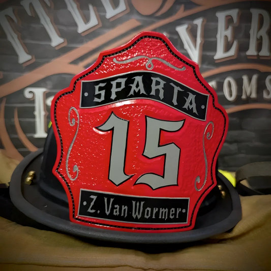 Handcrafted 1st Due leather firefighter helmet shield showing classic fire service design