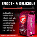 Black Cherry Bourbon Infused Coffee bag with roast level and flavor guide