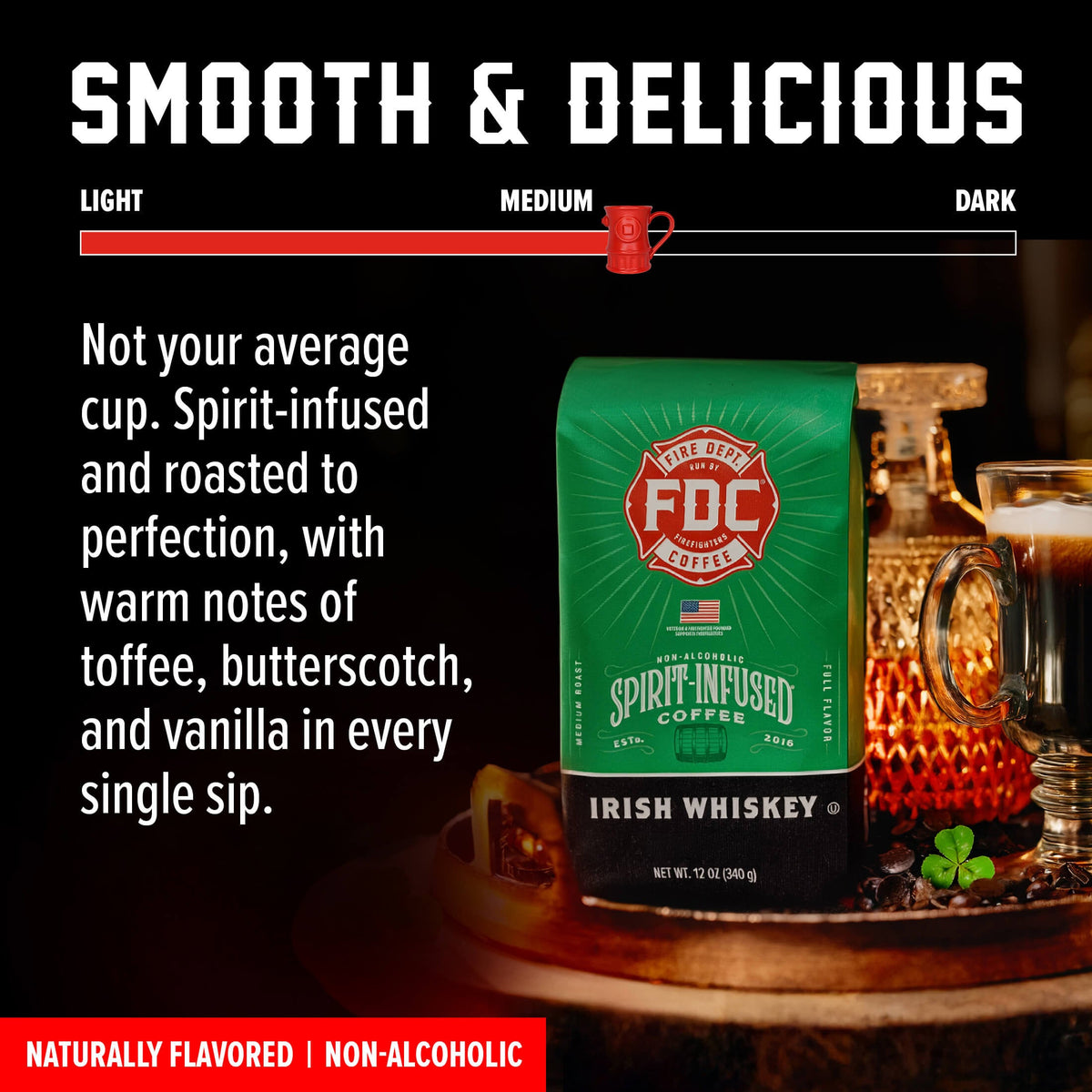 Irish Whiskey Infused Coffee bag with roast level and flavor guide