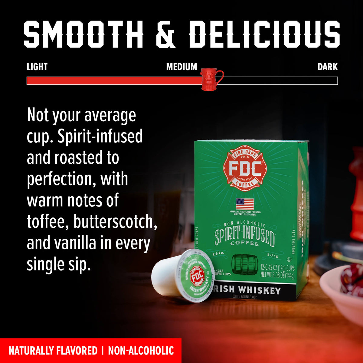 Irish Whiskey Infused Coffee Pods box and pod with a flavor guide