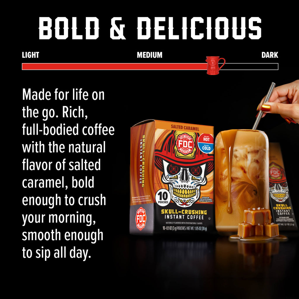 Salted Caramel Skull-Crushing Instant Coffee flavor guide with an iced coffee