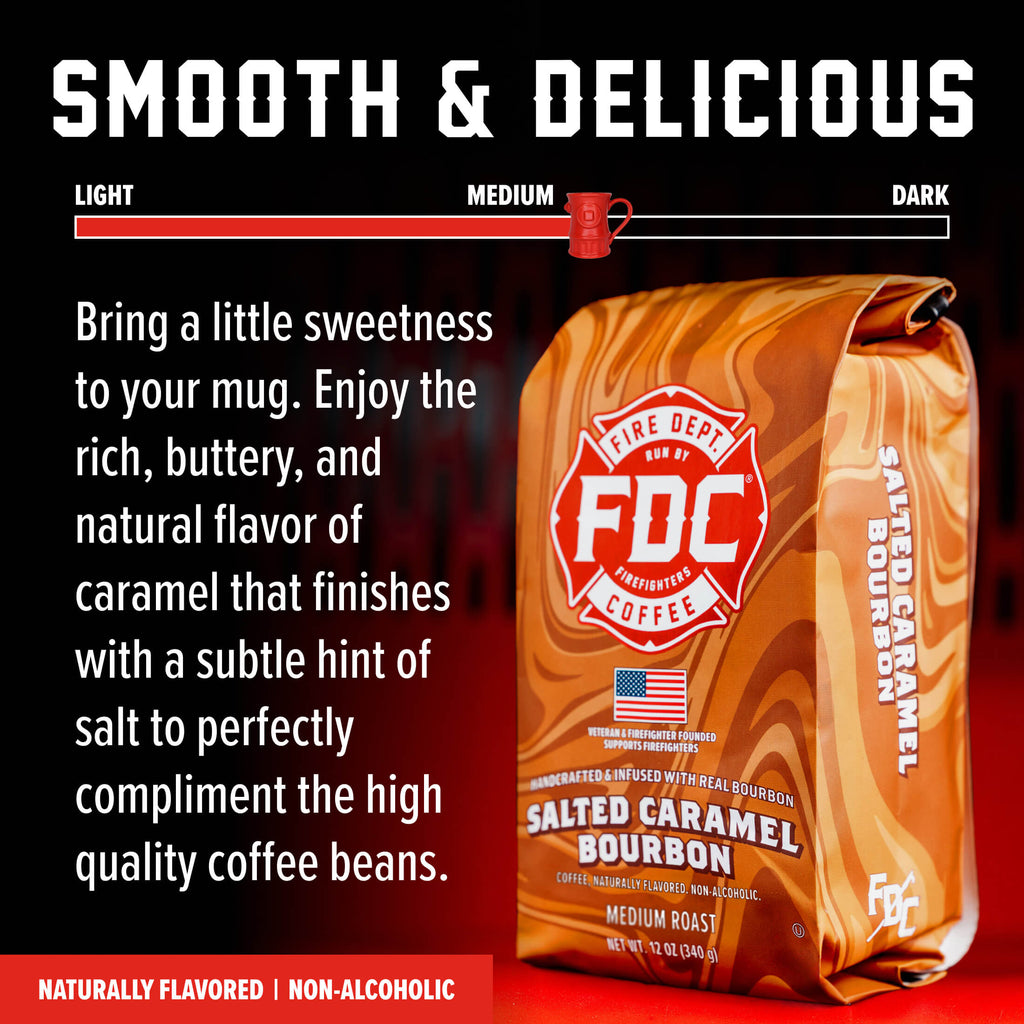 Salted Caramel Bourbon Infused Coffee bag with roast level and flavor guide