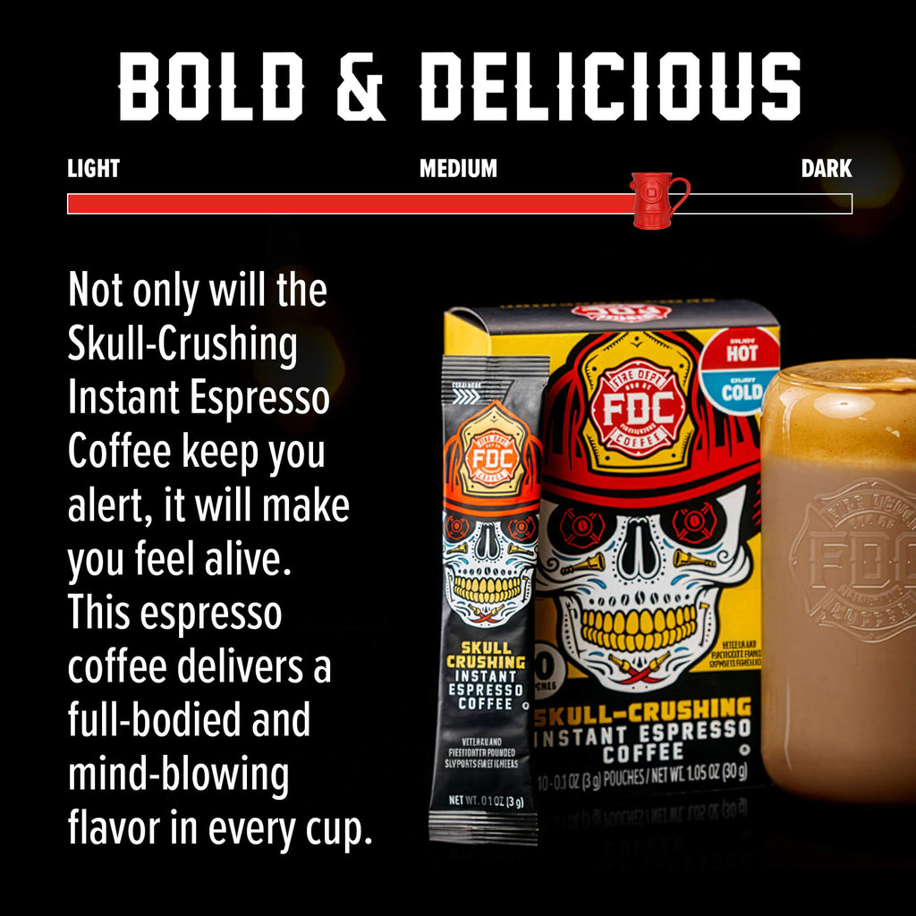 Skull-Crushing Instant Espresso Coffee flavor guide with a glass of coffee