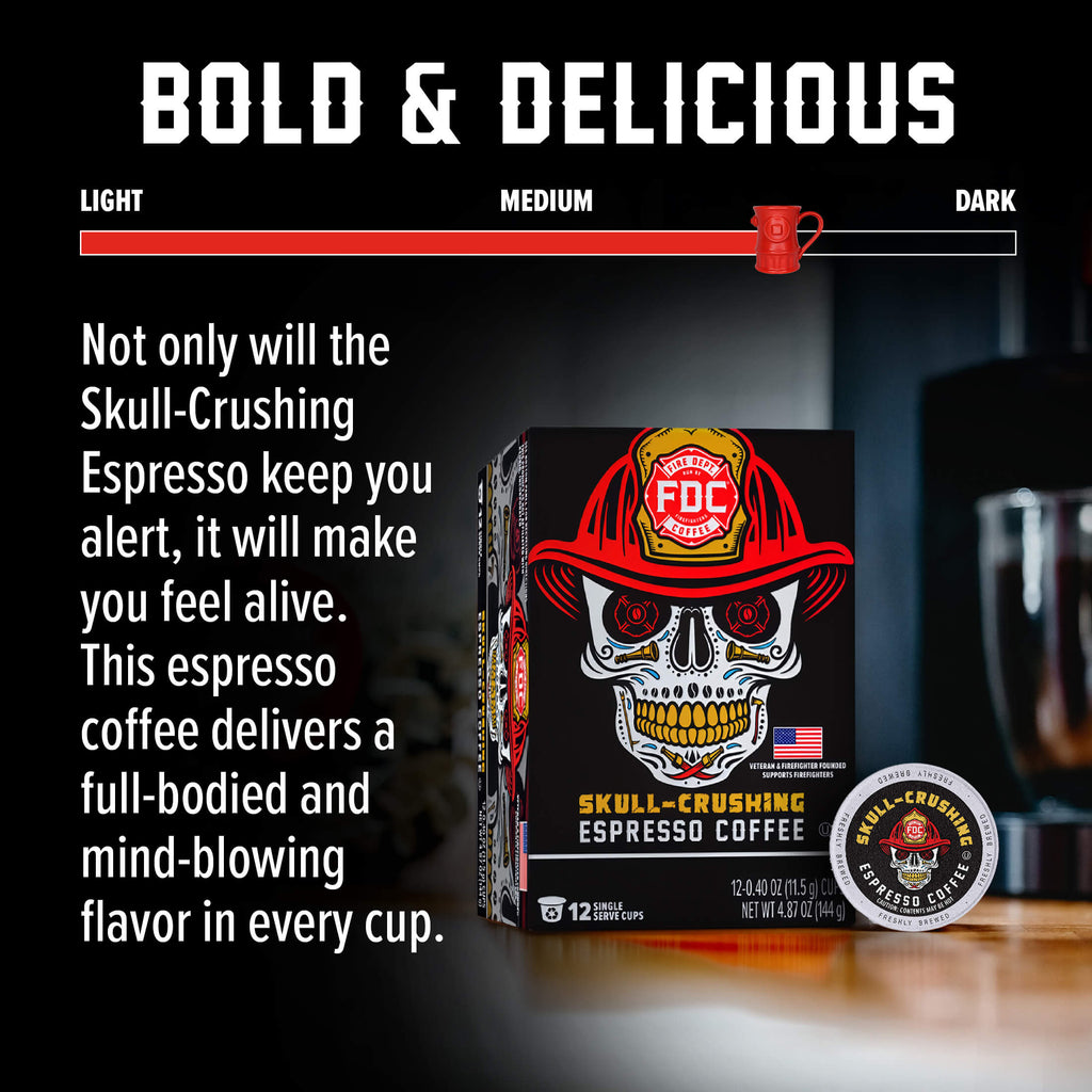 Skull-Crushing Espresso Pods box and pod with a flavor guide