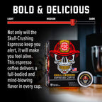 Skull-Crushing Espresso Pods box and pod with a flavor guide
