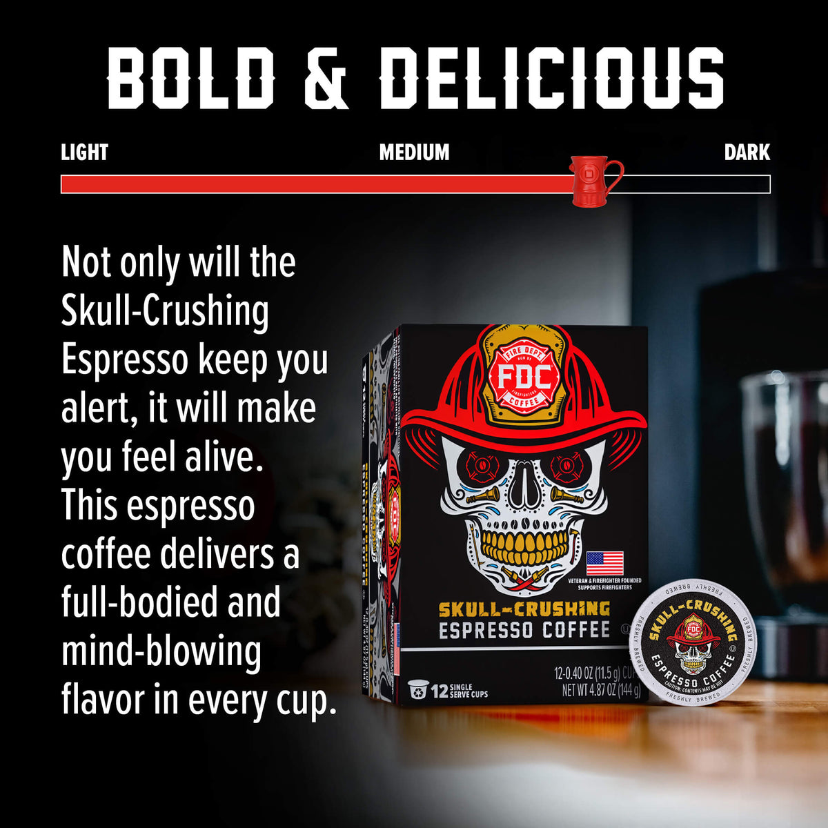 Skull-Crushing Espresso Pods box and pod with a flavor guide