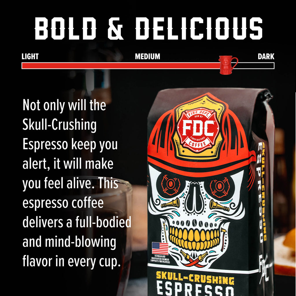 Skull-Crushing Espresso bag with roast level and flavor guide