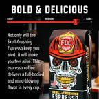 Skull-Crushing Espresso bag with roast level and flavor guide