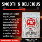 Vanilla Bean Bourbon Infused Coffee bag with roast level and flavor guide
