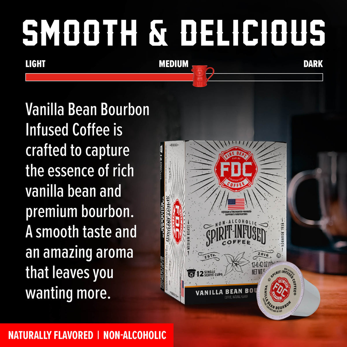 Vanilla Bean Bourbon Infused Coffee Pods box and pod with a flavor guide