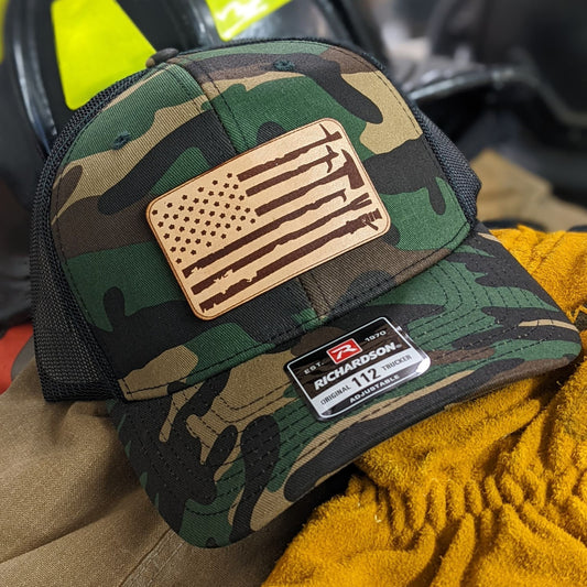Custom firefigther hat with fire ground tools leather patch