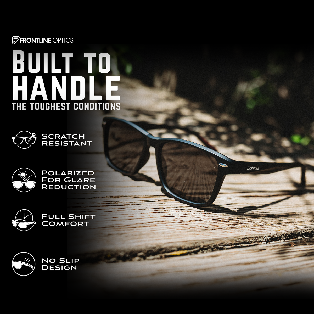Loma feature graphic showing lens protection, polarization, comfort and nonslip frames