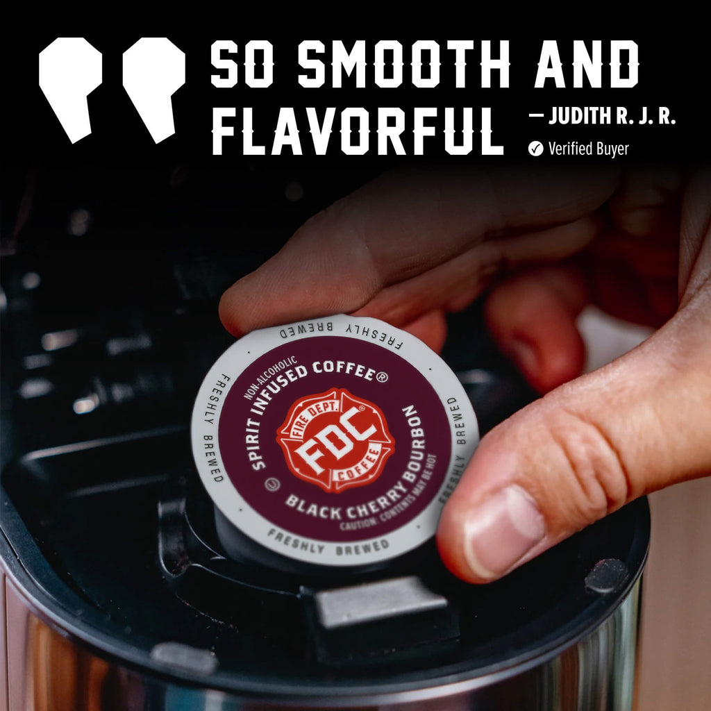 Hand placing a Black Cherry Bourbon Infused Coffee Pods single pod into a coffee maker beside a customer quote