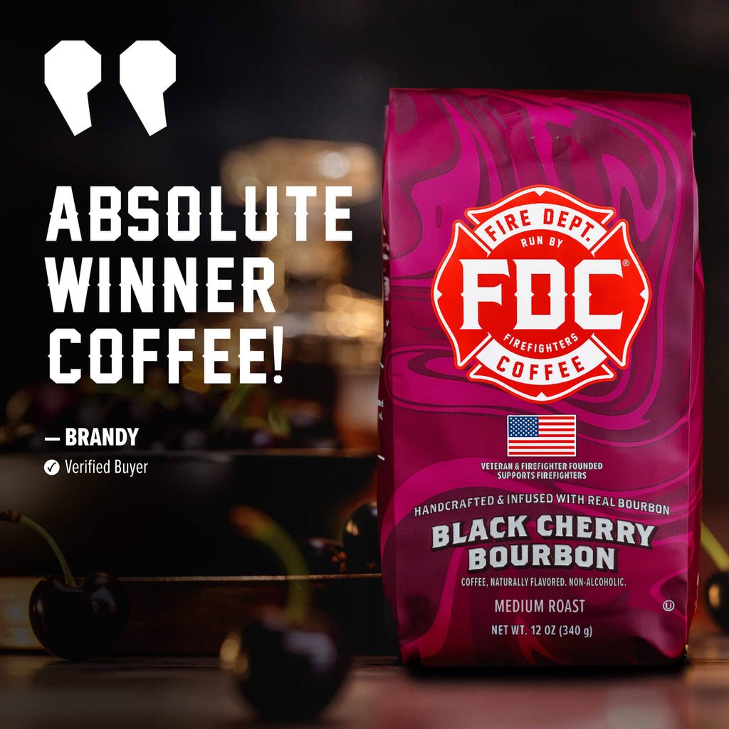 Black Cherry Bourbon Infused Coffee bag featured in a customer testimonial graphic