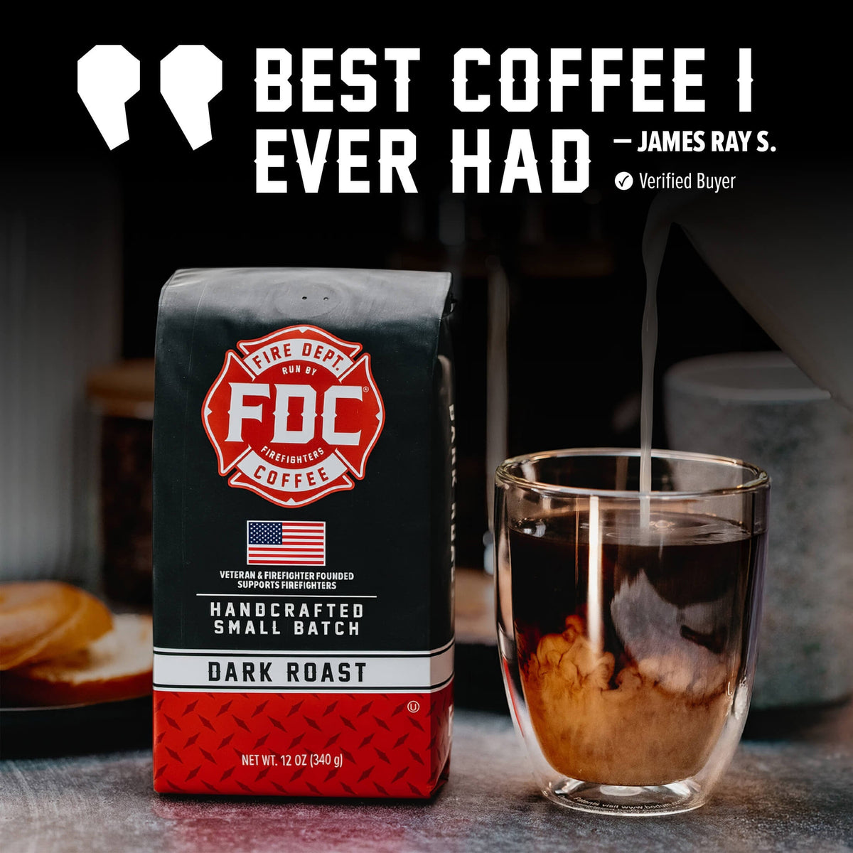 Dark Roast Coffee bag featured in a customer testimonial graphic