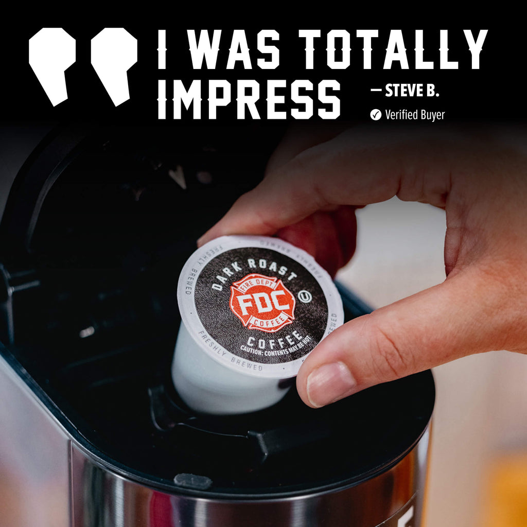 Hand placing a Dark Roast Coffee Pods single pod into a coffee maker beside a customer quote