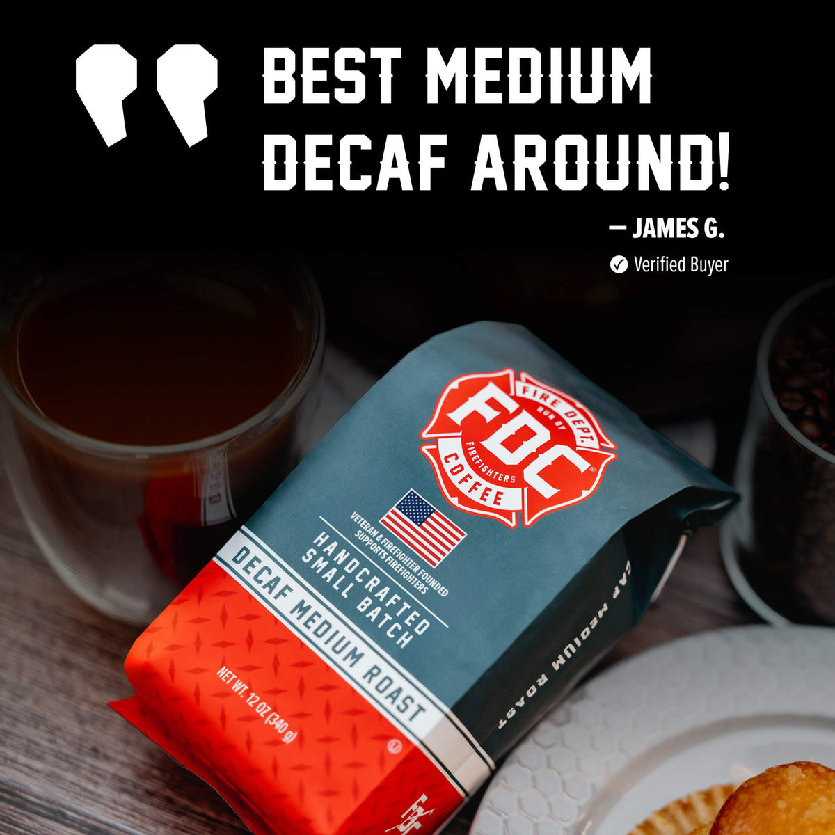 Decaf Coffee bag featured in a customer testimonial graphic