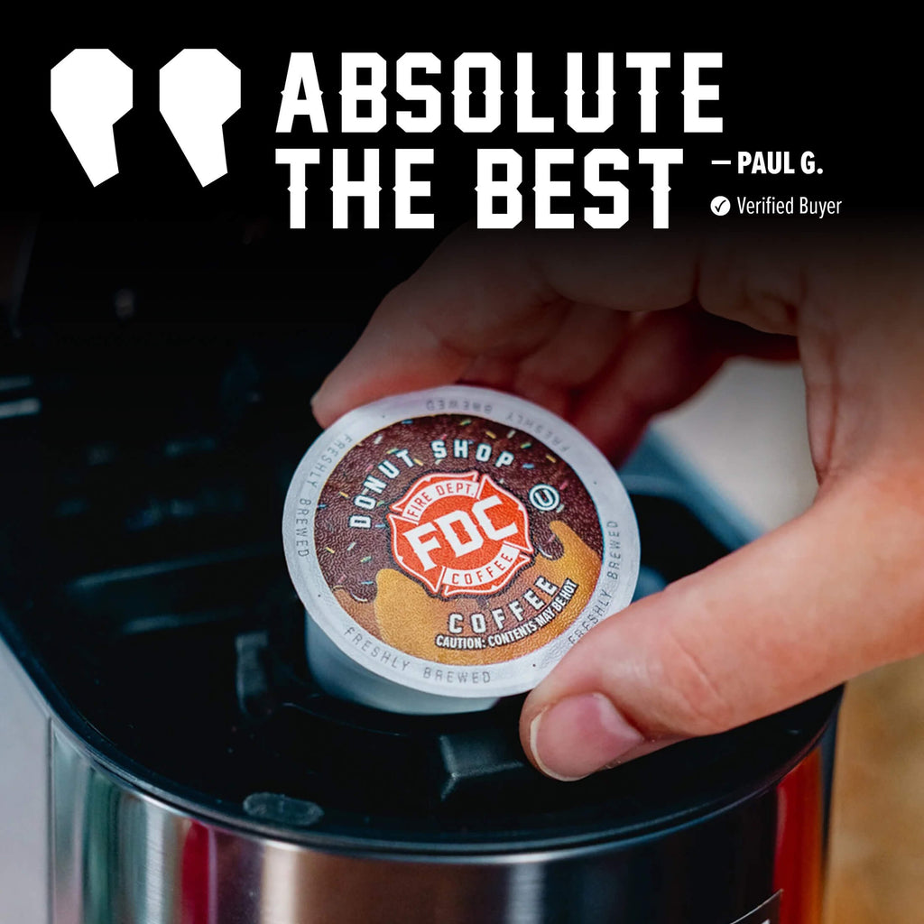 Hand placing a Donut Shop Coffee Pods single pod into a coffee maker beside a customer quote