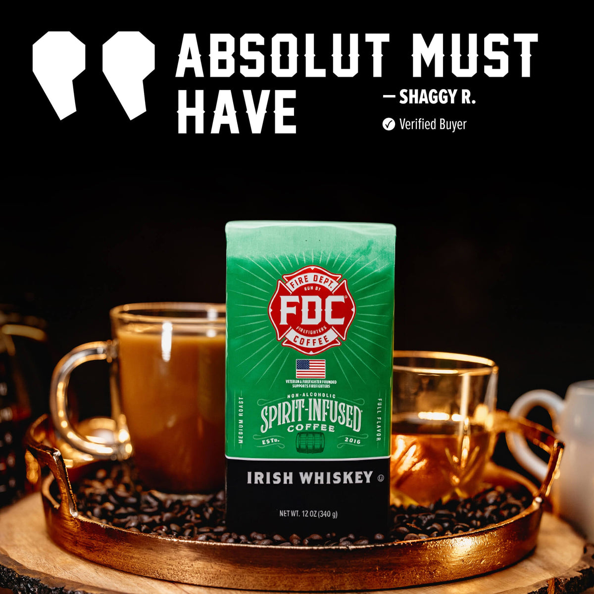 Irish Whiskey Infused Coffee bag featured in a customer testimonial graphic