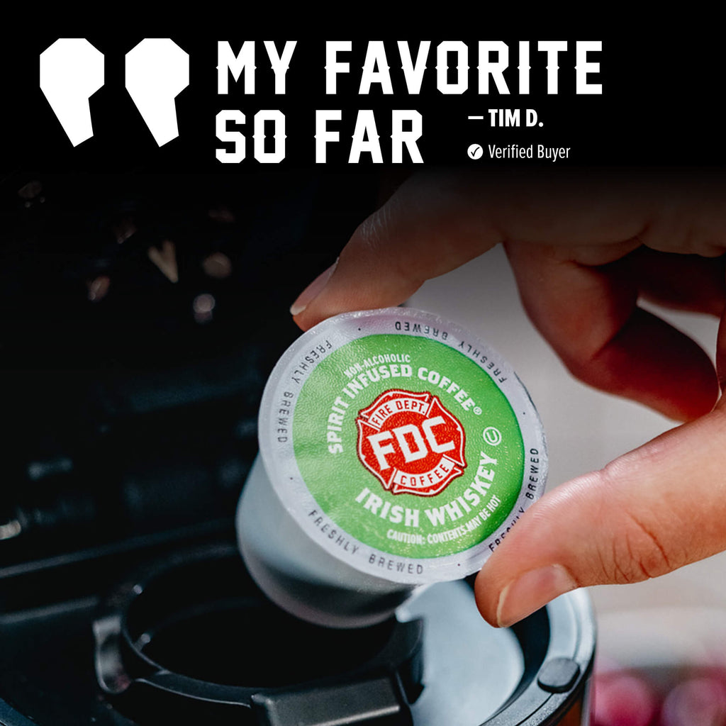 Hand placing a Irish Whiskey Infused Coffee Pods single pod into a coffee maker beside a customer quote