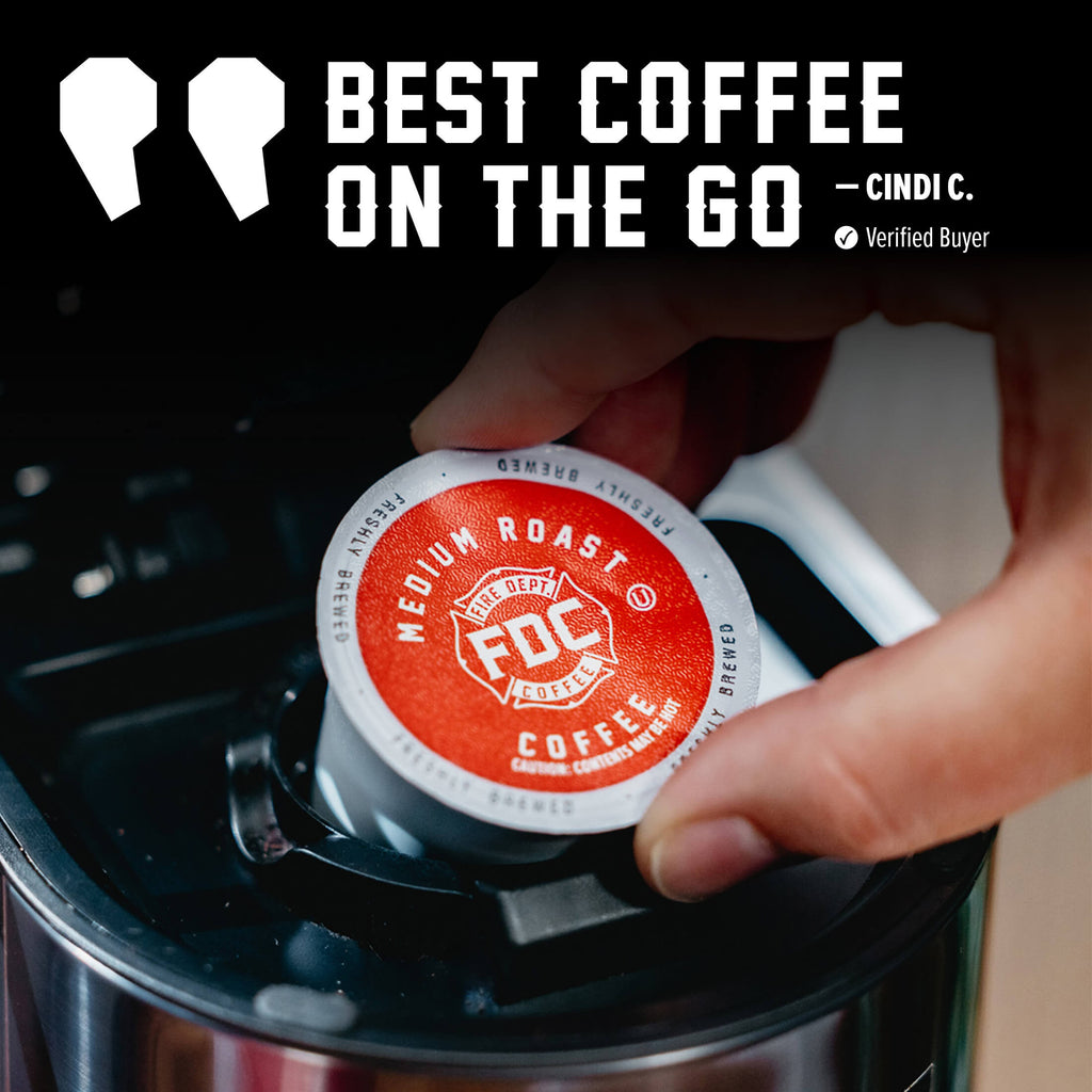 Hand placing a Original Medium Roast Coffee Pods single pod into a coffee maker beside a customer quote