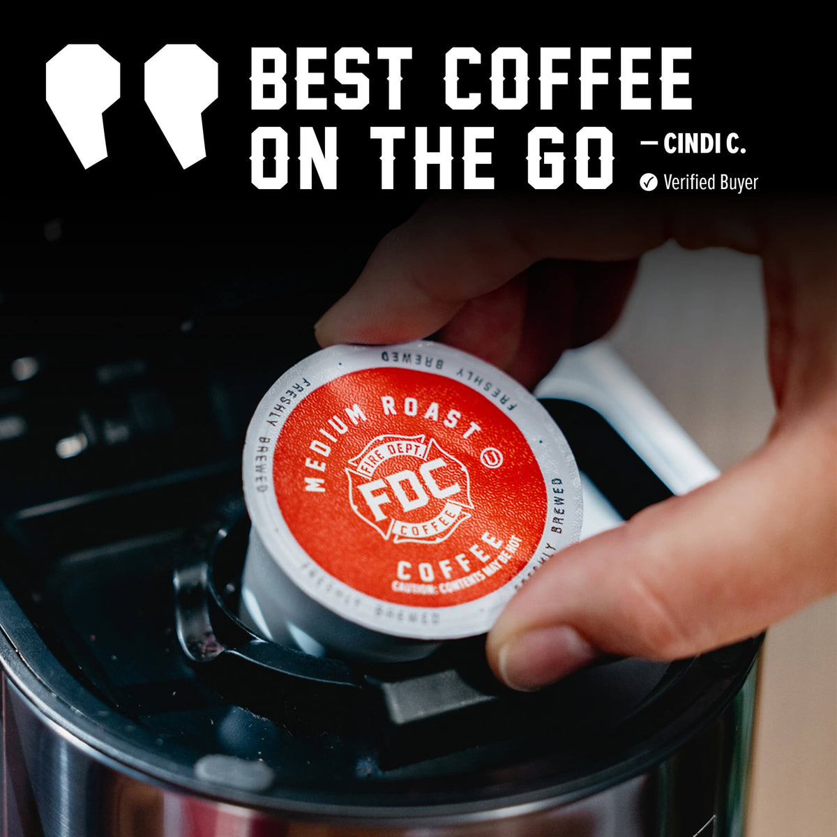 Hand placing a Original Medium Roast Coffee Pods single pod into a coffee maker beside a customer quote