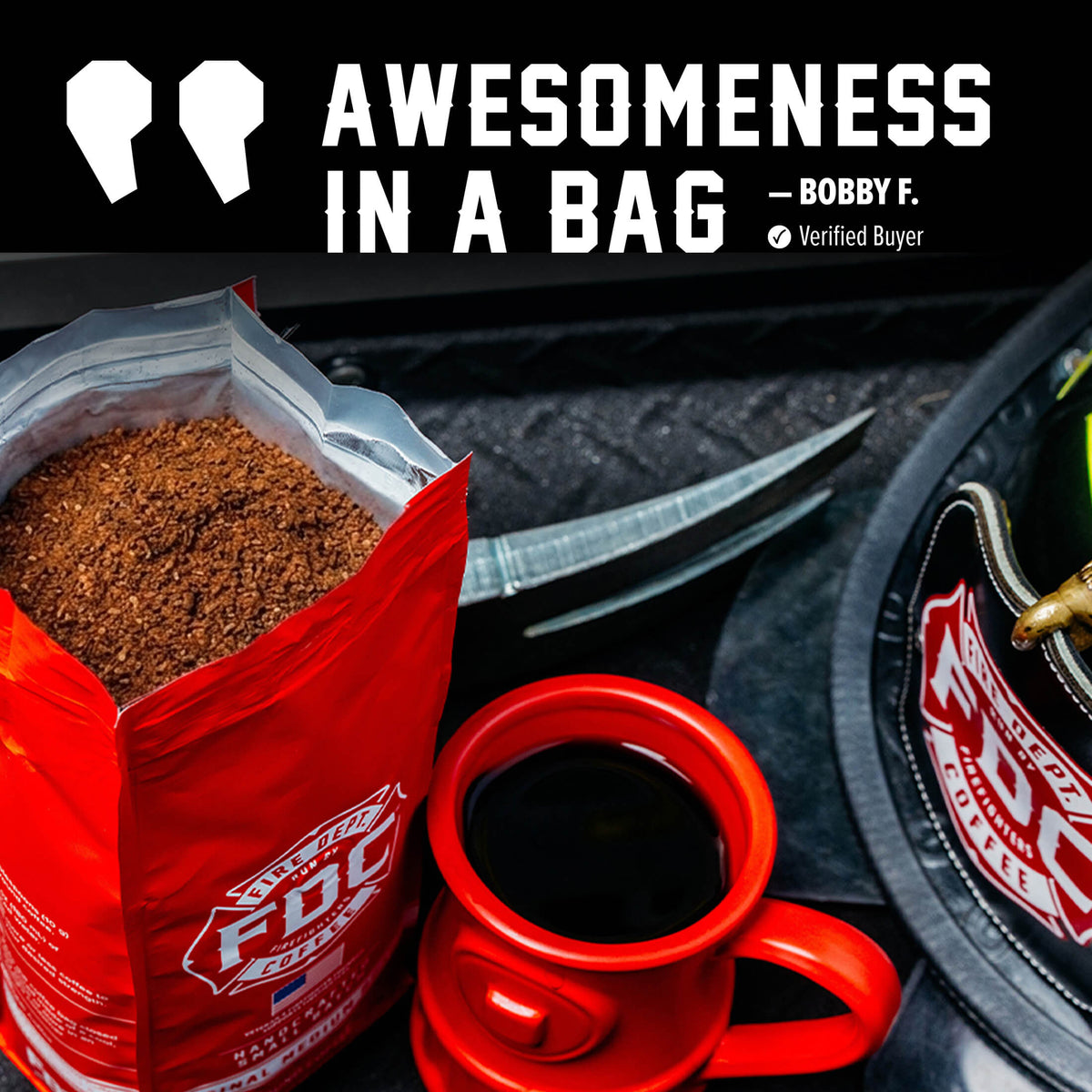 Original Medium Roast Coffee bag featured in a customer testimonial graphic