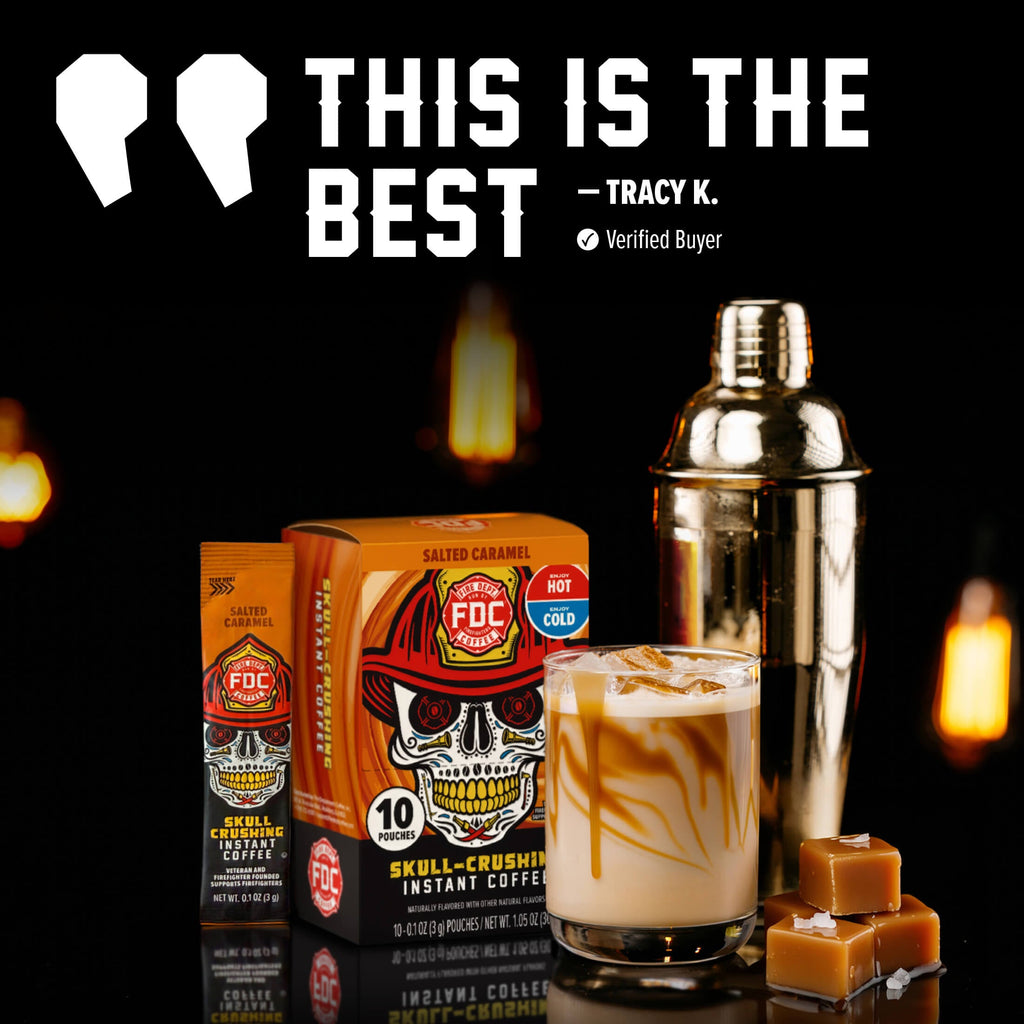 Salted Caramel Skull-Crushing Instant Coffee, iced drink and cocktail shaker beside a customer quote