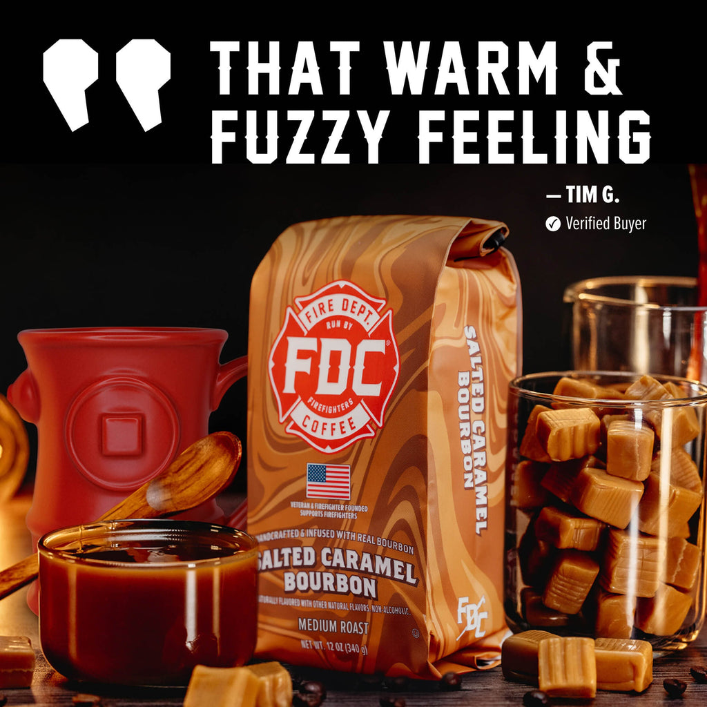 Salted Caramel Bourbon Infused Coffee bag featured in a customer testimonial graphic