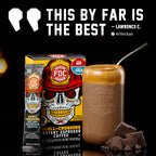 Skull-Crushing Instant Espresso Coffee box, stick pack and drink beside a customer quote