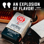 Vanilla Bean Bourbon Infused Coffee bag featured in a customer testimonial graphic