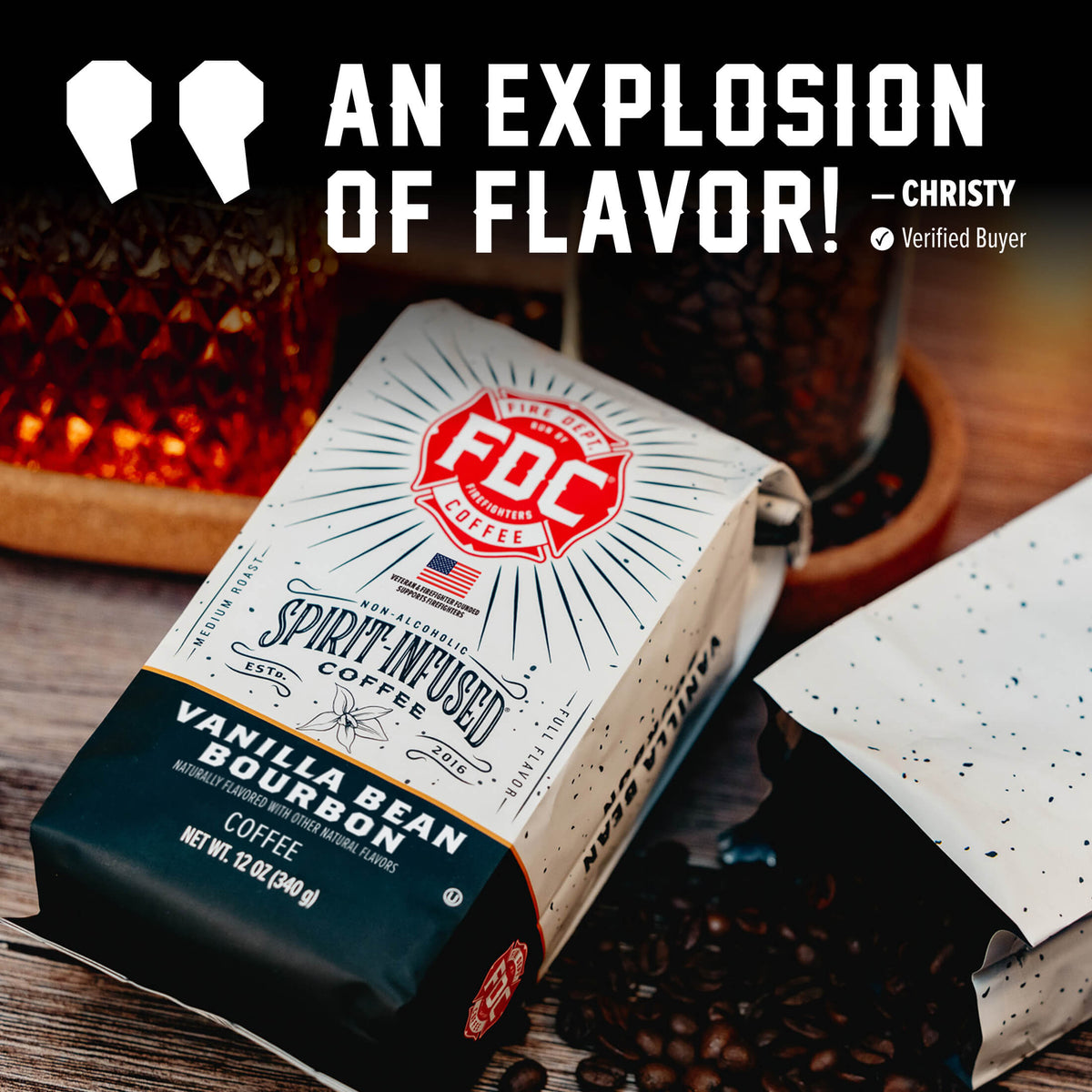 Vanilla Bean Bourbon Infused Coffee bag featured in a customer testimonial graphic