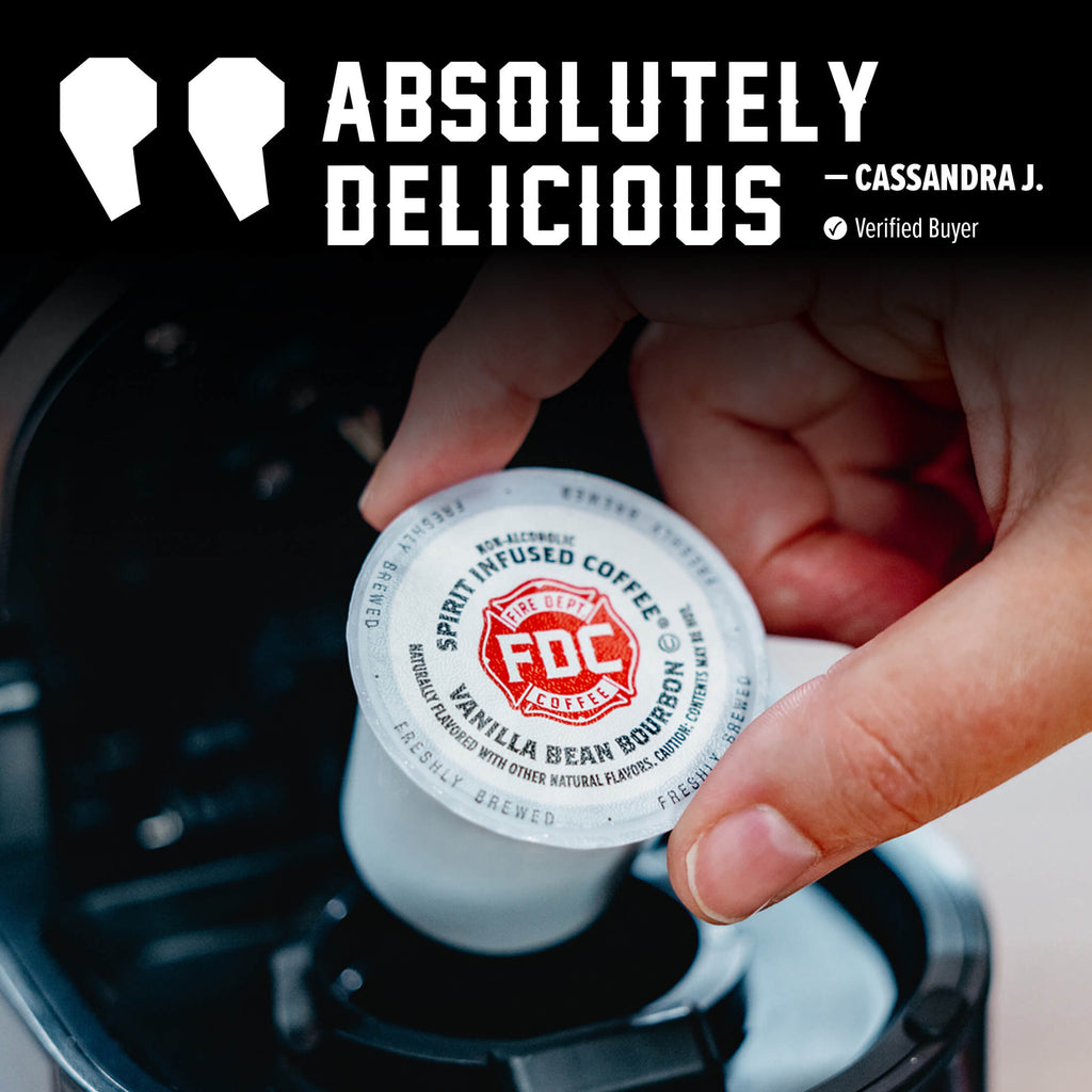 Hand placing a Vanilla Bean Bourbon Infused Coffee Pods single pod into a coffee maker beside a customer quote