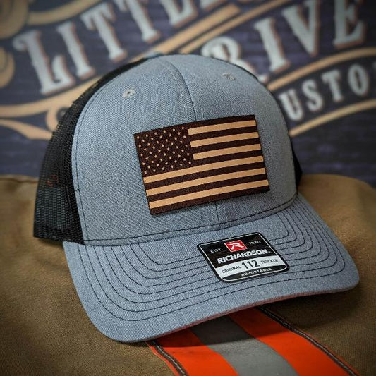 USA leather patch hat. Richardson US flag patch, Leather Flag patch hat, Custom leather patch hats. Custom Richardson hats. 