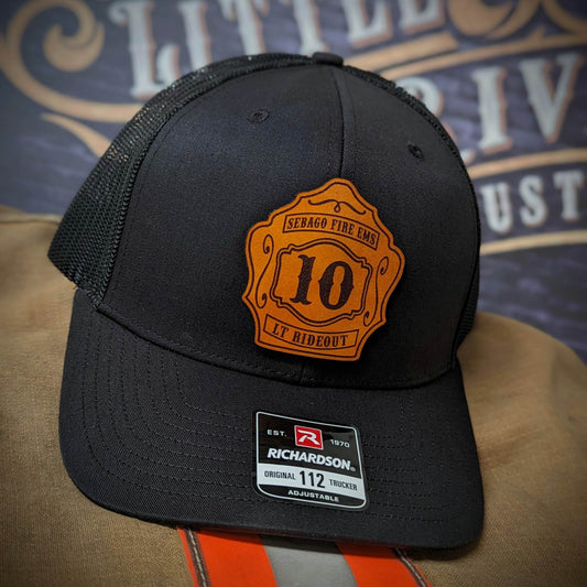 Custom fire department hat with leather shield patch