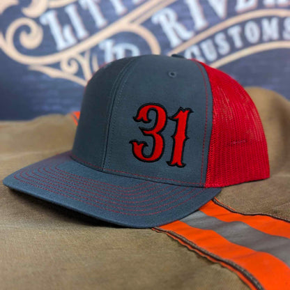Custom embroidered firefighter hat with bold stitching, structured fit, and premium Richardson snapback design