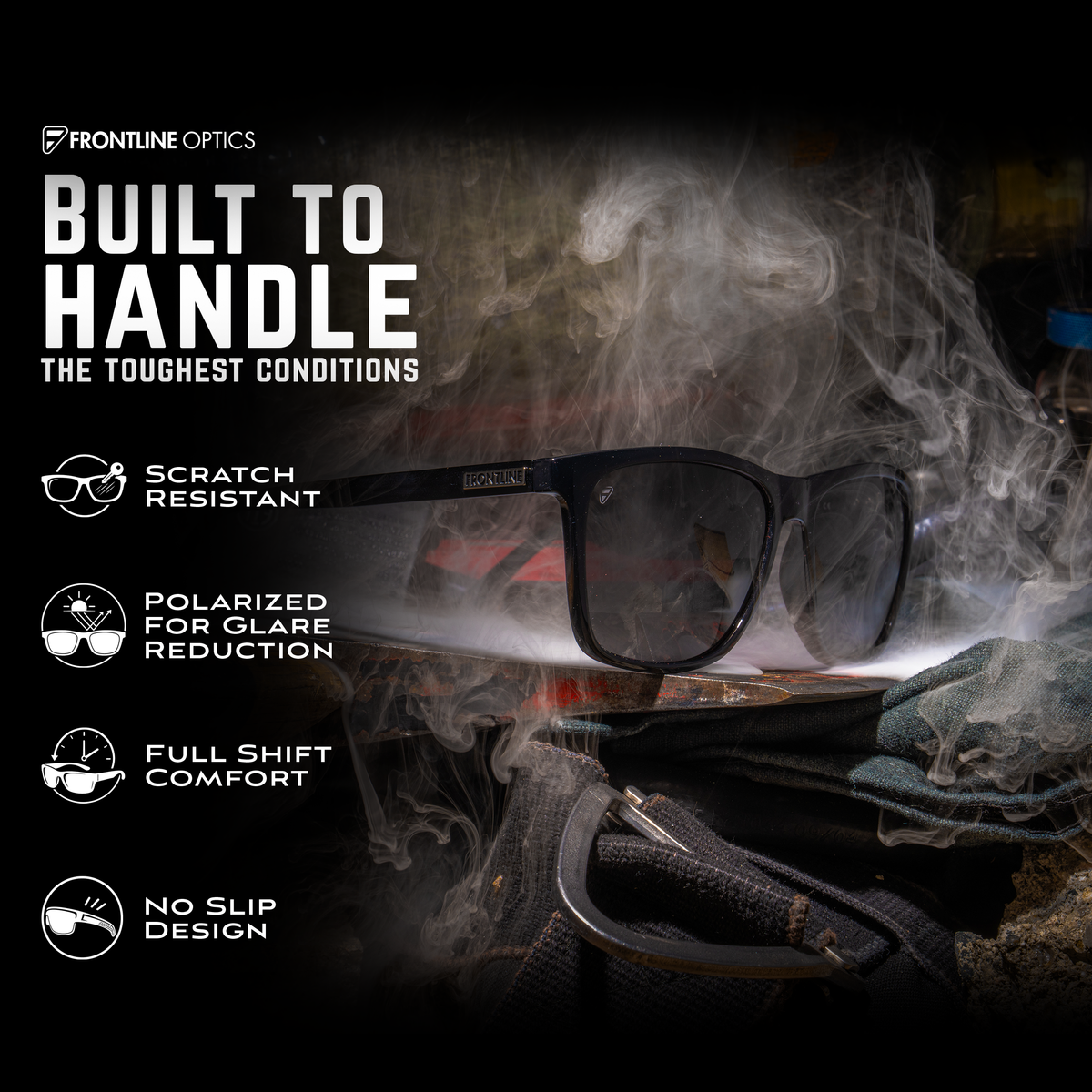 Nado feature graphic showing lens protection, polarization, comfort and nonslip frames