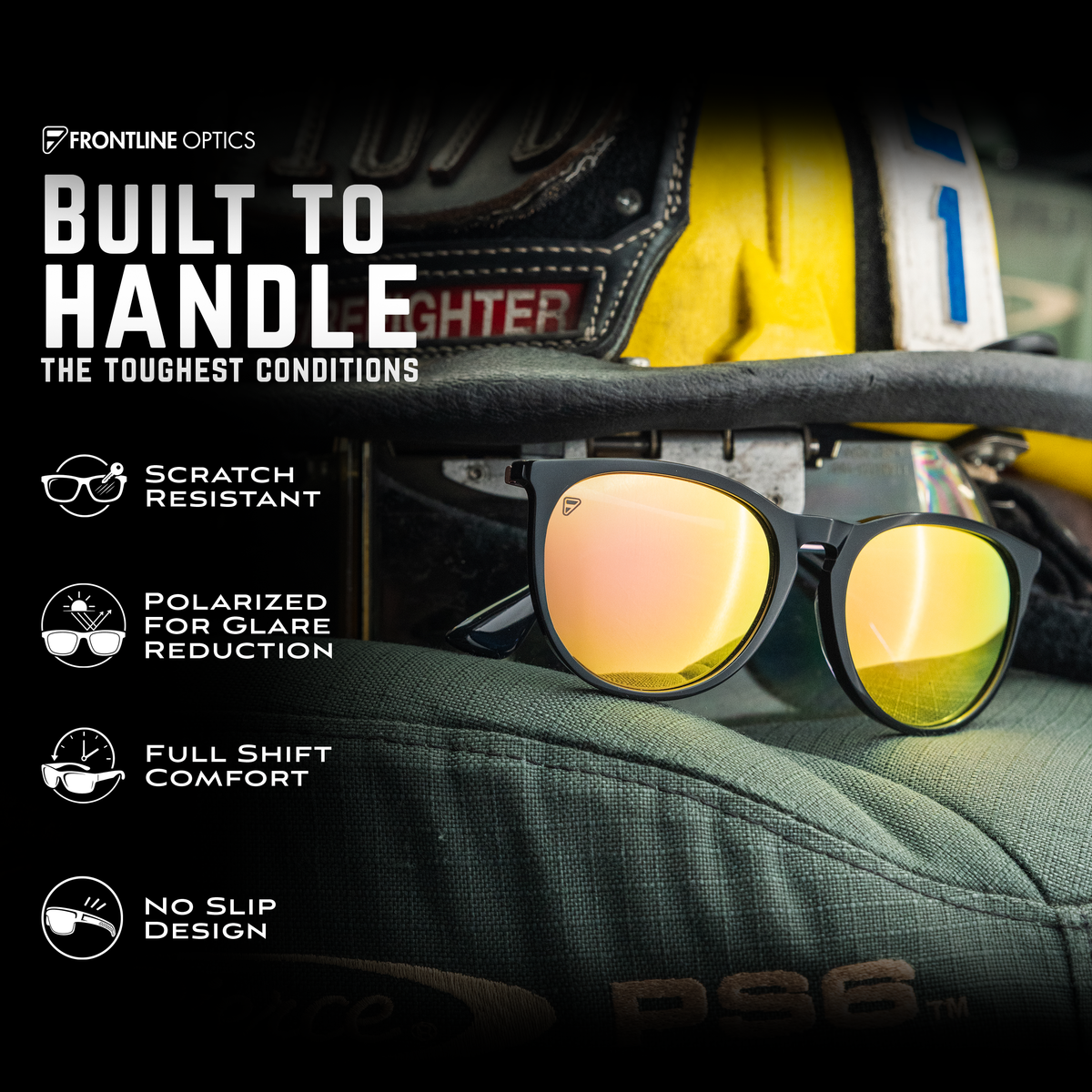 Glorietta Sunset feature graphic showing lens protection, polarization, comfort and nonslip frames