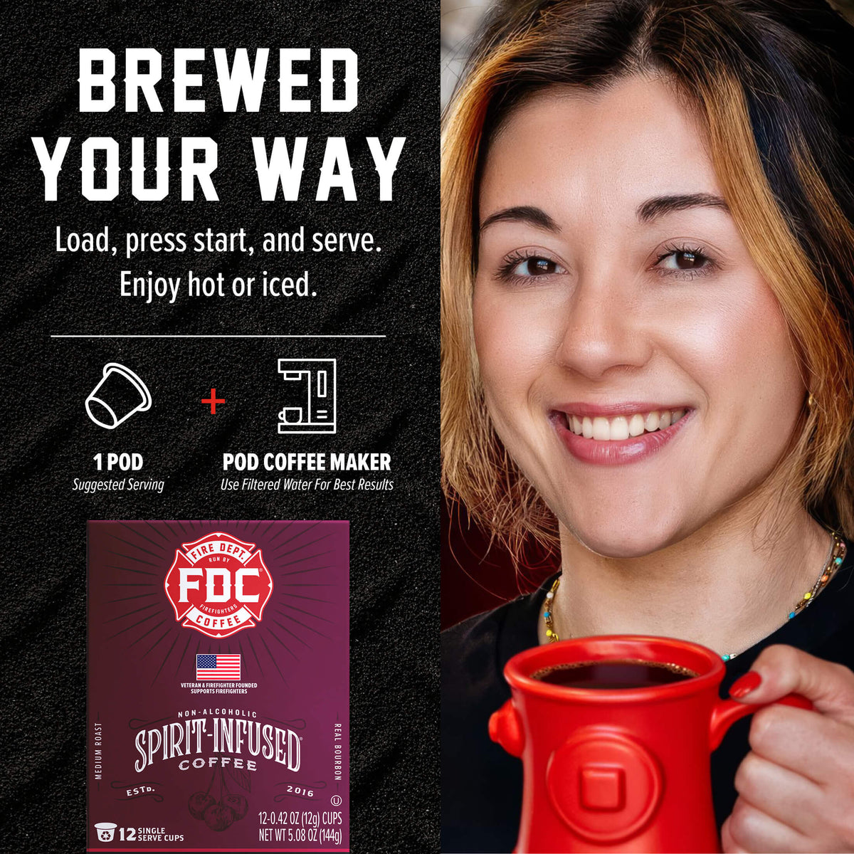 Black Cherry Bourbon Infused Coffee Pods single-serve brewing guide beside a woman holding a red mug