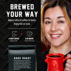Dark Roast Coffee brewing ratio guide beside a woman holding a red mug