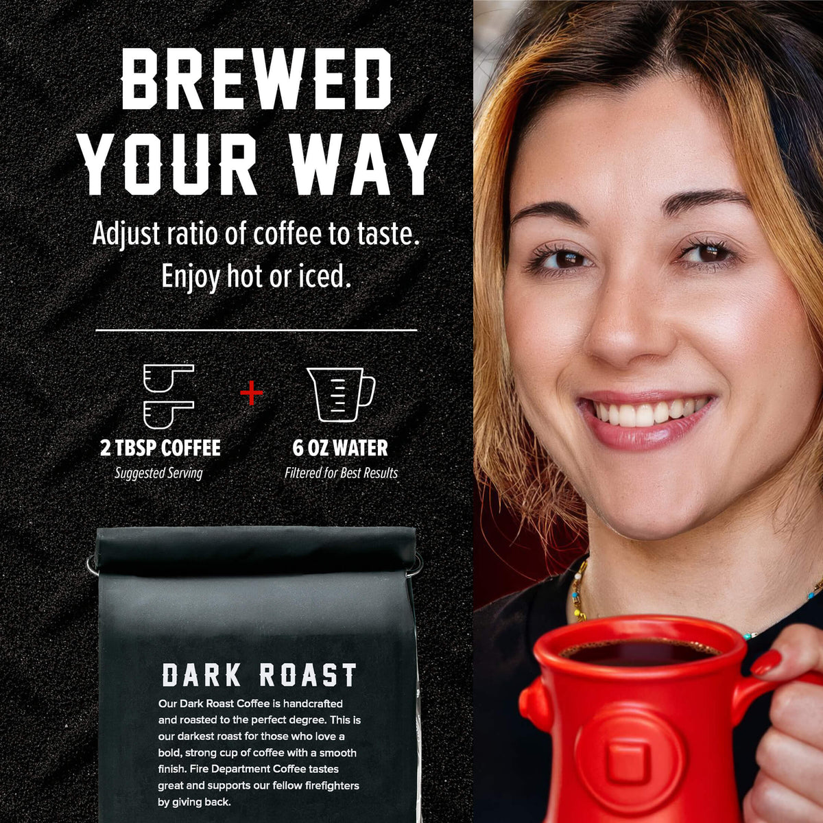 Dark Roast Coffee brewing ratio guide beside a woman holding a red mug
