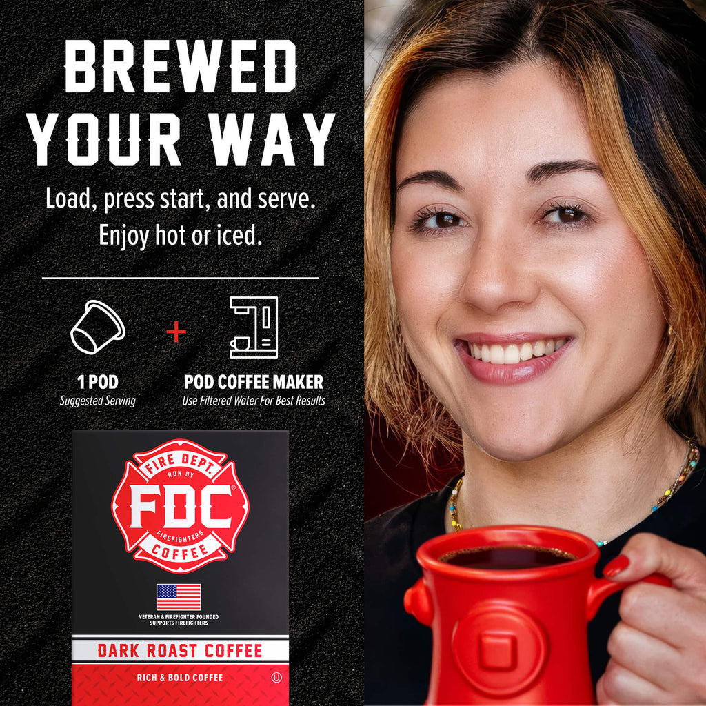 Dark Roast Coffee Pods single-serve brewing guide beside a woman holding a red mug