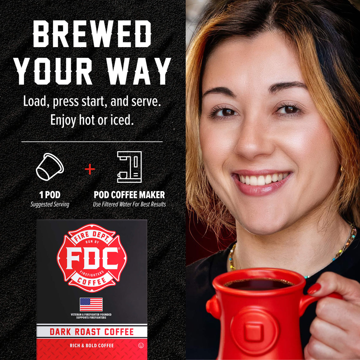 Dark Roast Coffee Pods single-serve brewing guide beside a woman holding a red mug