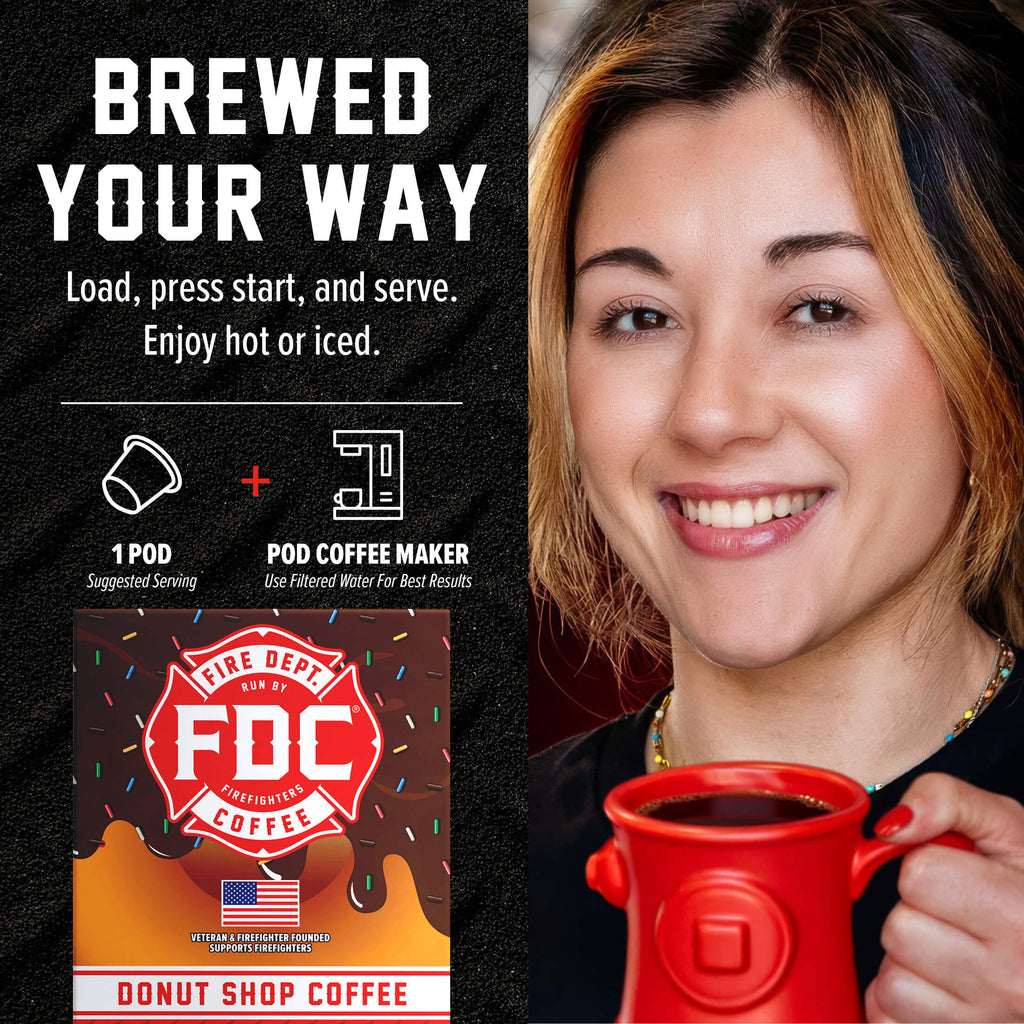 Donut Shop Coffee Pods single-serve brewing guide beside a woman holding a red mug