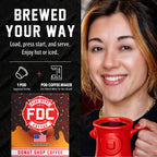 Donut Shop Coffee Pods single-serve brewing guide beside a woman holding a red mug