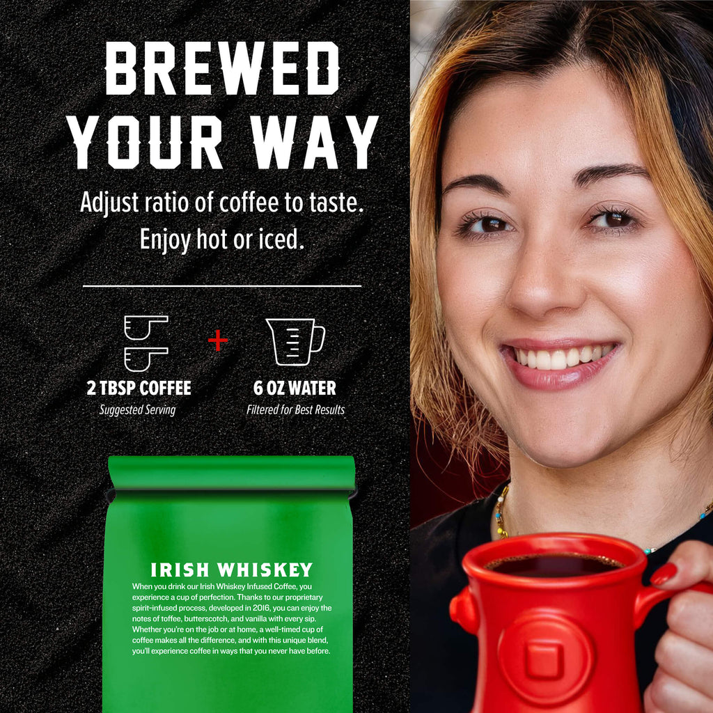 Irish Whiskey Infused Coffee brewing ratio guide beside a woman holding a red mug